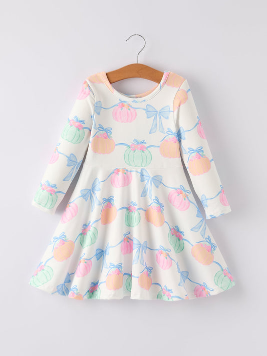 Fall Halloween & Thanksgiving Pumpkin Bow Print Long Sleeve Dress