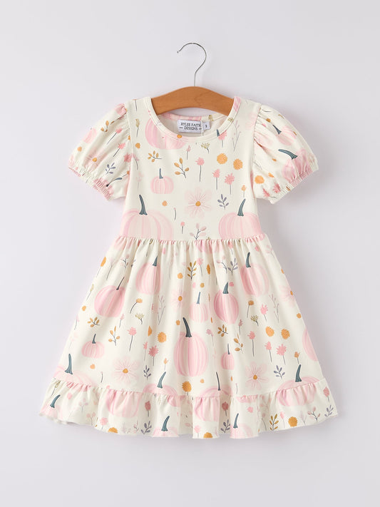 Fall Halloween & Thanksgiving Cute Pumpkin Print Girls Dress