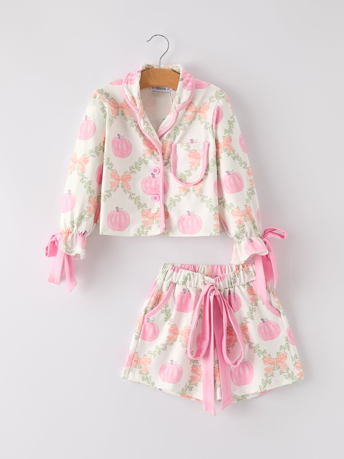 Fall Halloween Pumpkin Floral Print Long Sleeve Top Shorts Girls Pajama Set
