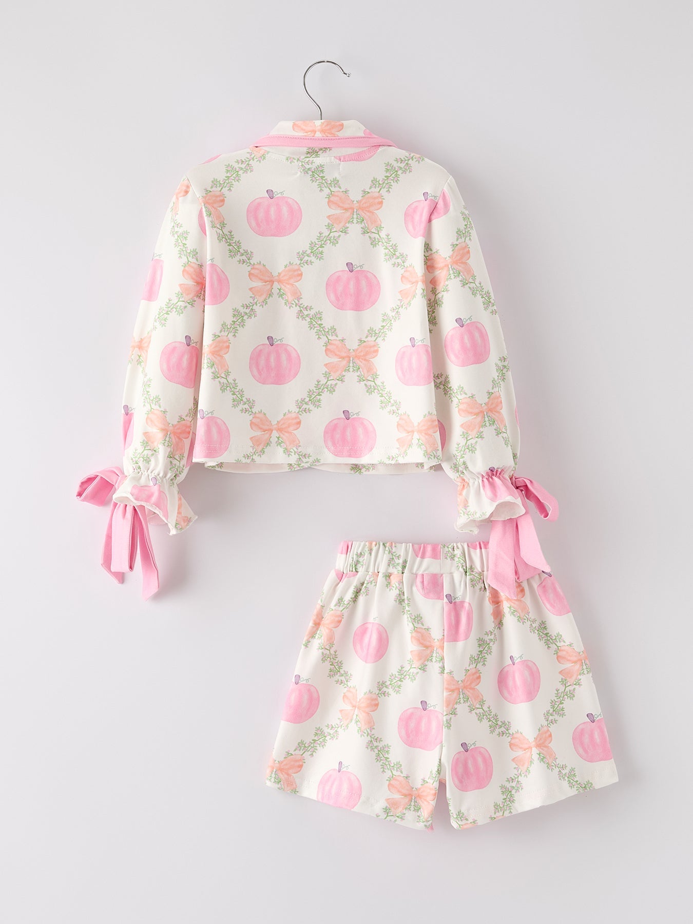 Fall Halloween Pumpkin Floral Print Long Sleeve Top Shorts Girls Pajama Set