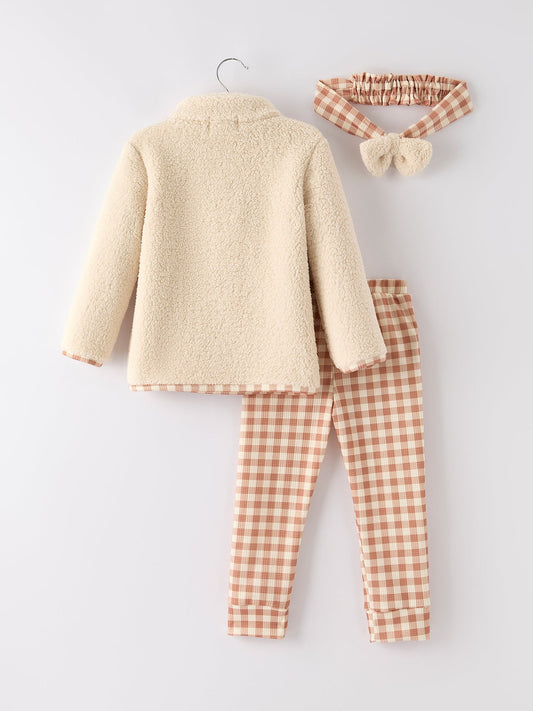 Thanksgiving Girls Fall Winter Furry Top Plaid Pants with Matching Headband