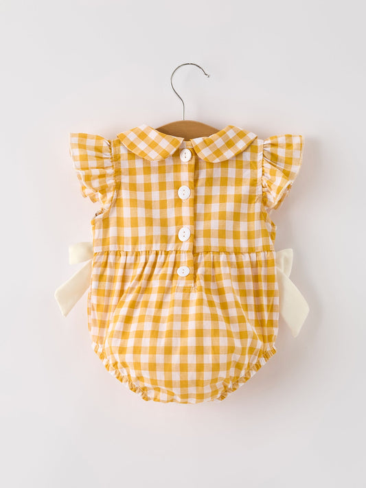 Autumn Thanksgiving Yellow Plaid Turkey Pumpkin Embroidery Smock Girls Romper