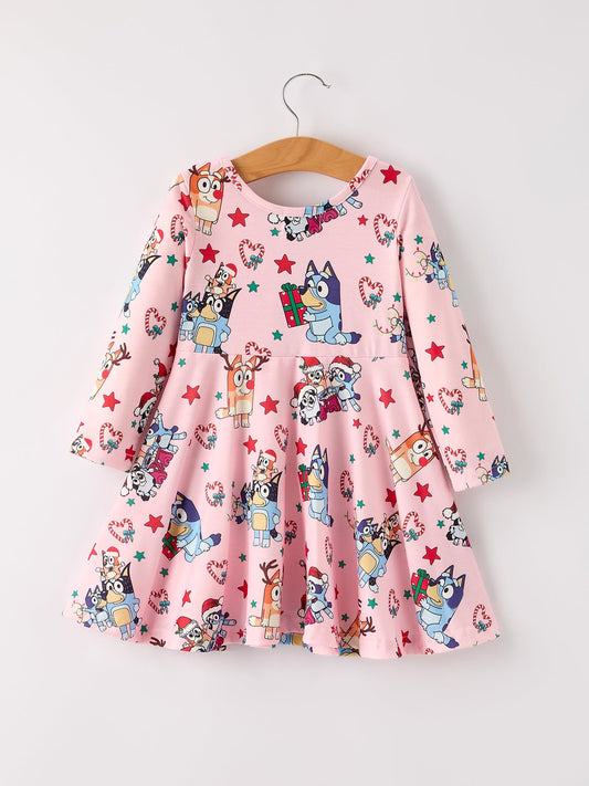 Winter Christmas Character Print  Pink Girls Dress