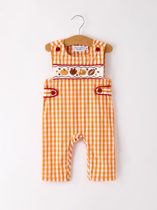 Fall Embroidered Romper for Baby Boys – Orange Checkered with Halloween Details
