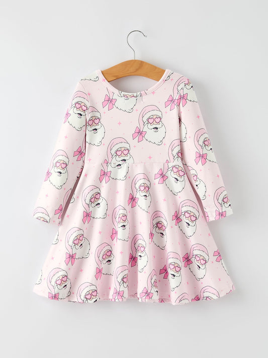 Christmas Pink Santa Claus Print Girls Dress
