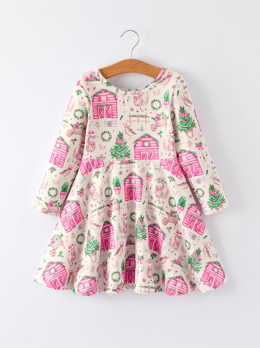 Pink Farmhouse Theme Toddler Girl Dress: Christmas Spirit Outfit