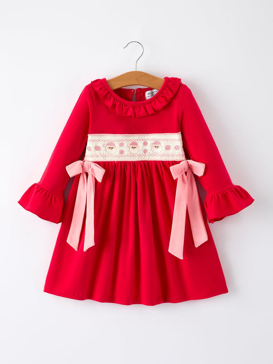 Christmas Smocked Embroidery Girls Dress with Pink Ribbon Ties