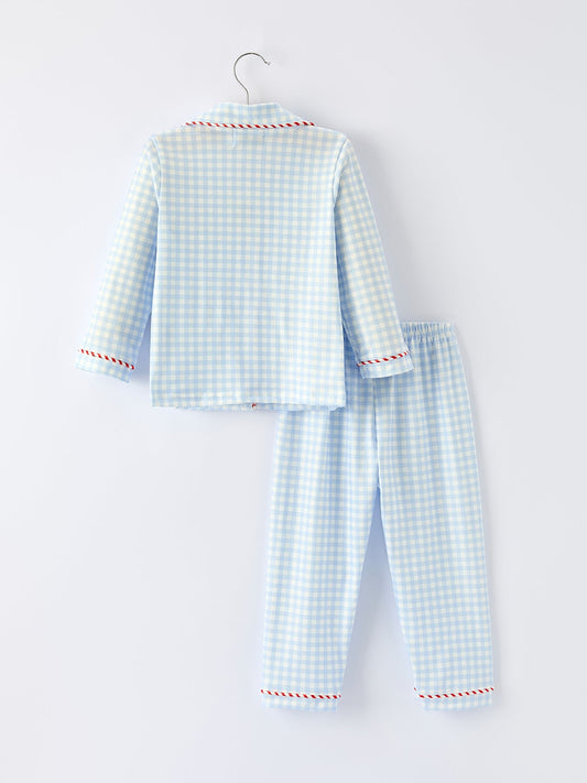 Blue Christmas Santa Embroidery Plaid Girls Pajamas Set