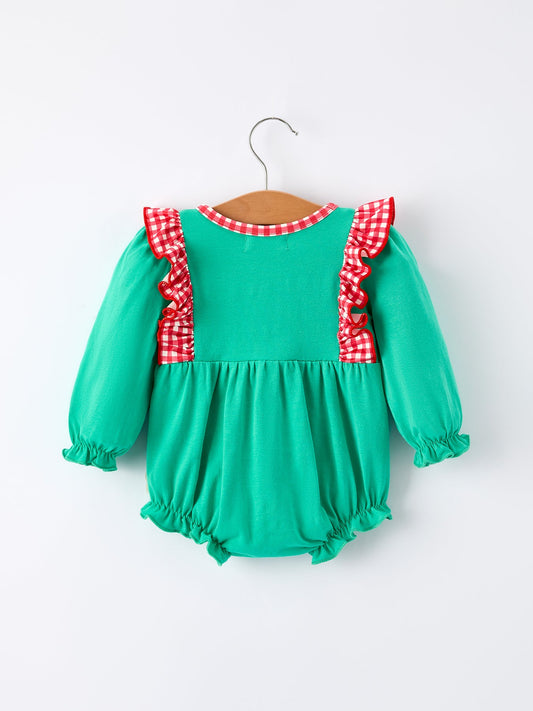 Christmas Cute Santa Applique Red Plaid Bow Baby Girls Romper