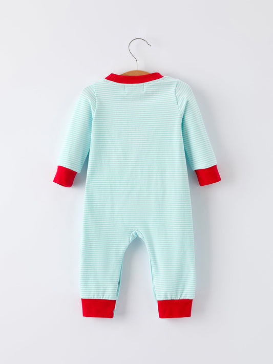 Christmas Santa Candy Cane Cookie Embroidery Baby Boys Striped Romper