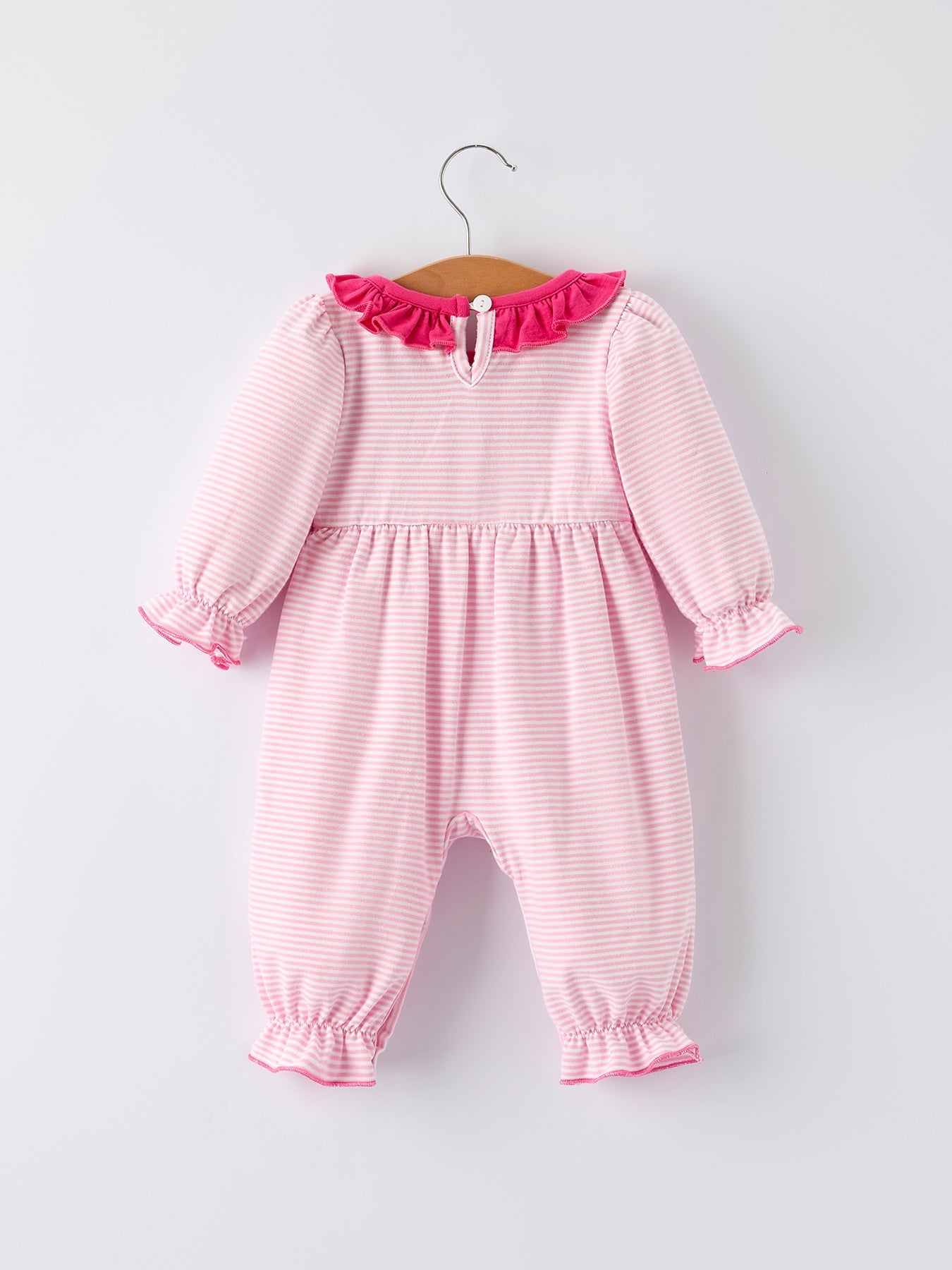 Christmas Santa Applique Striped Baby Girls Romper with Red Ruffle Trim
