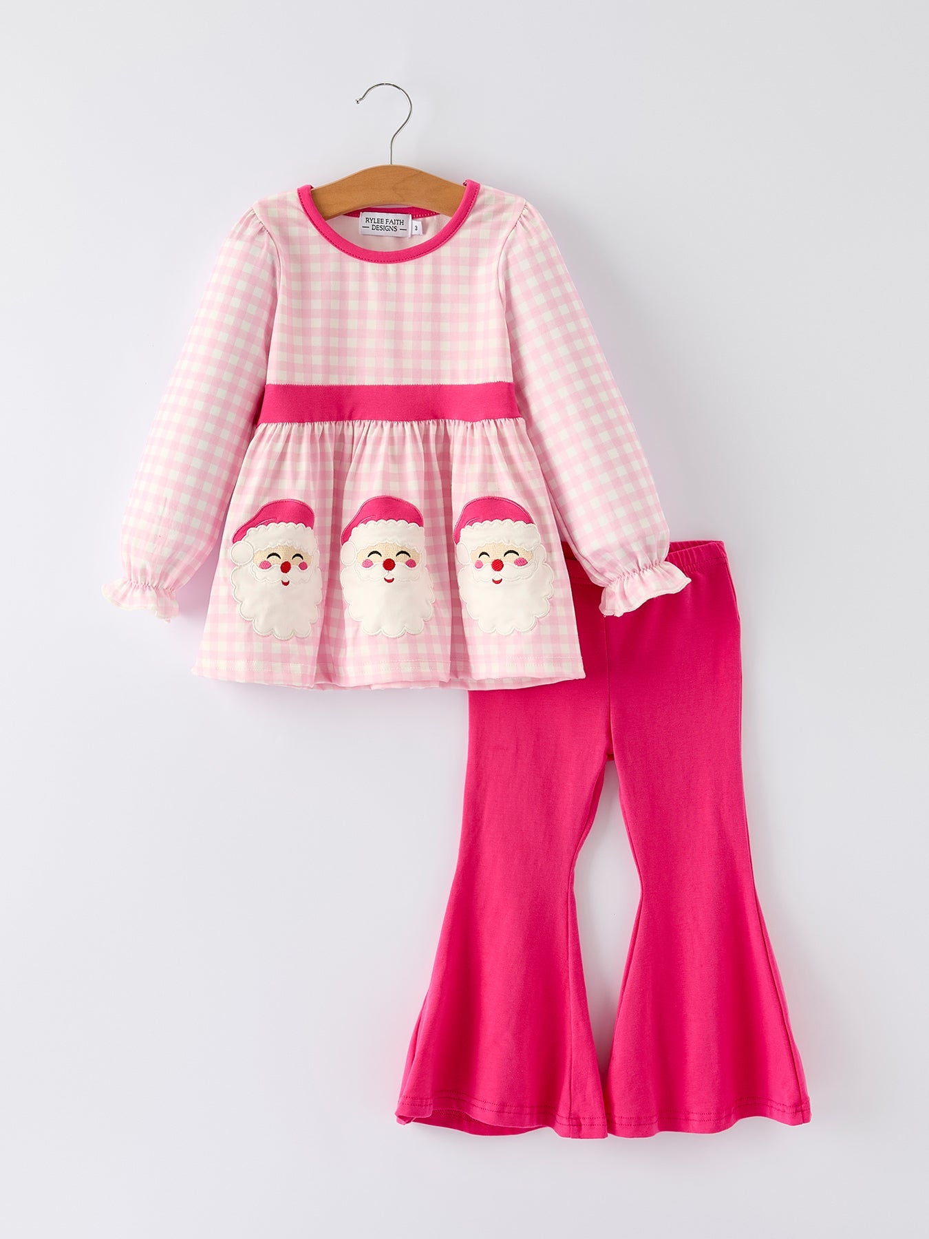 Christmas Santa Applique Striped Girls Set with Red Ruffle Trim