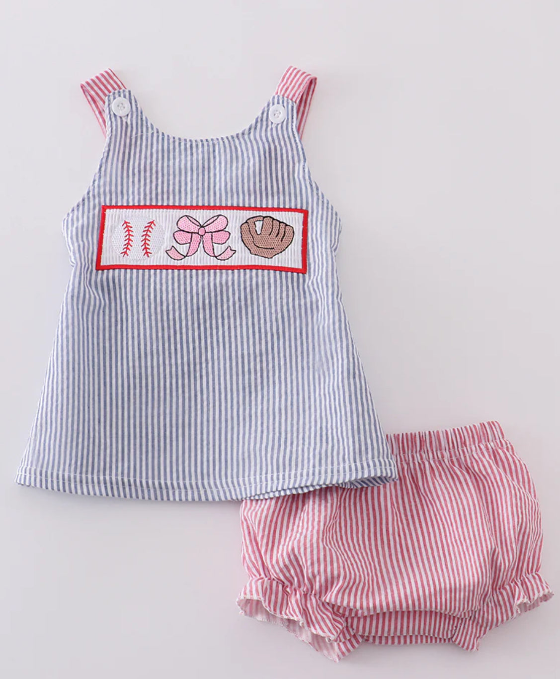 Pink Baseball Embroidery Smocked Bloomer Set