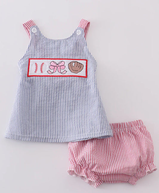 Pink Baseball Embroidery Smocked Bloomer Set