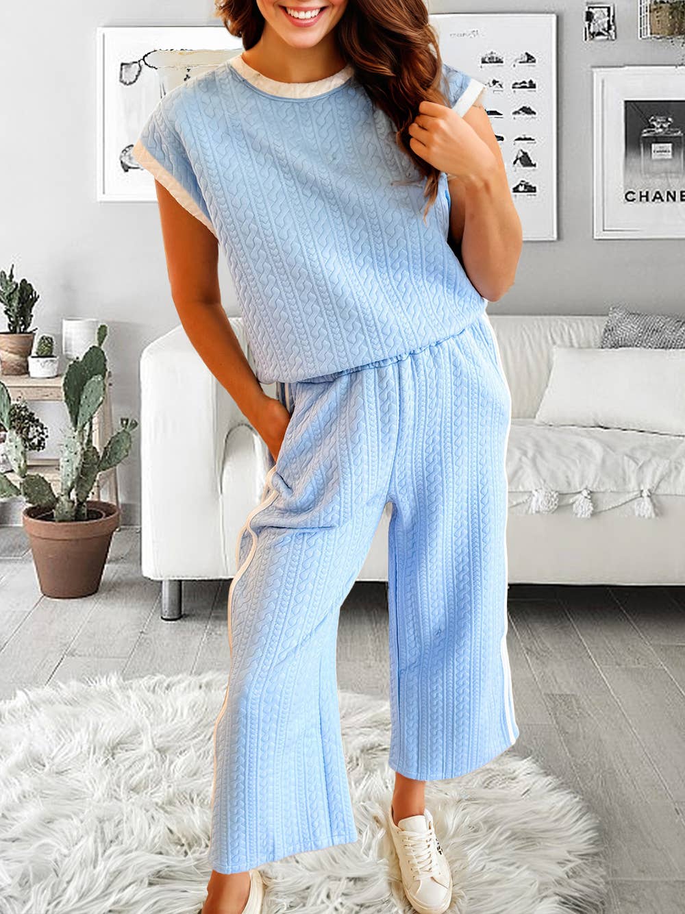 Textured Colorblock Edge Tank Top High Waist Pants Set