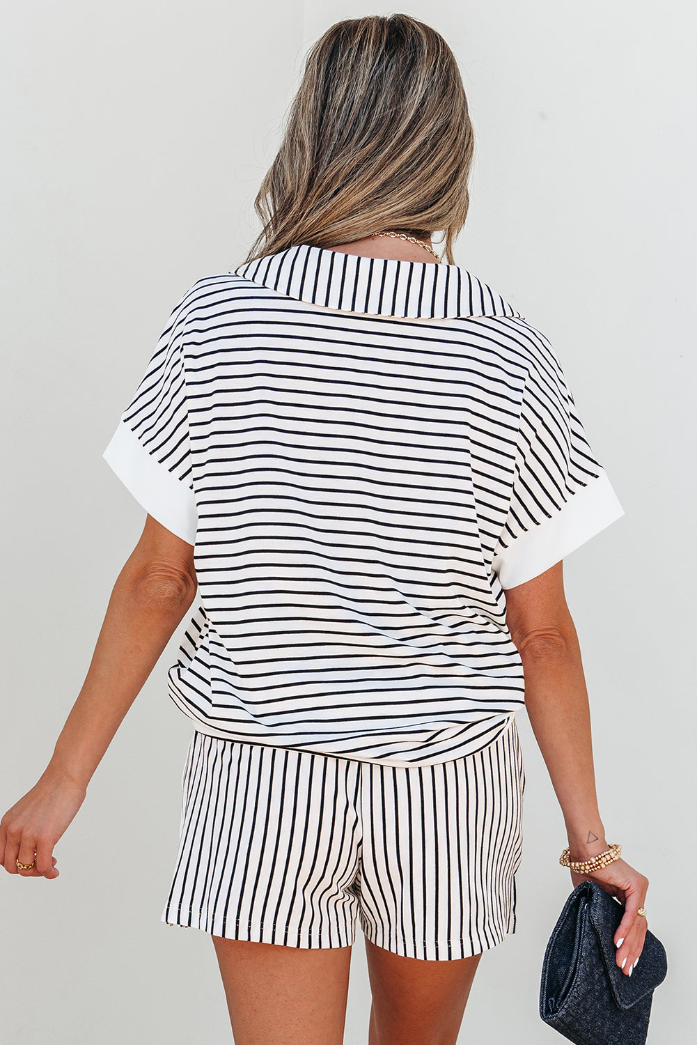 Sky Blue Stripe V Neck Tee and Casual Short Set