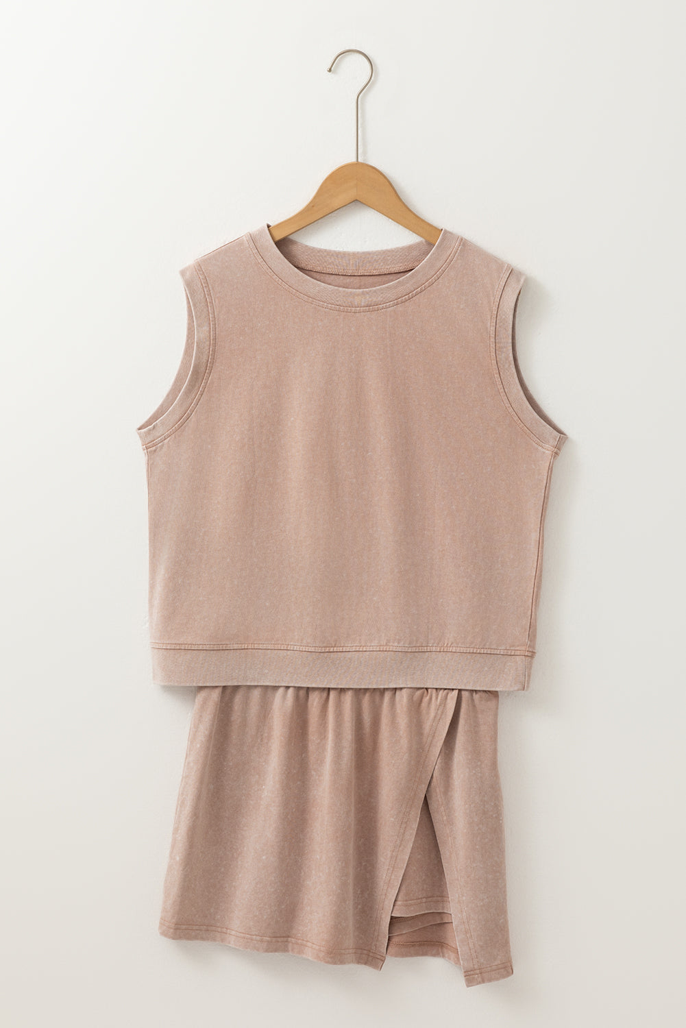 Light Pink 2 Pieces Mineral Wash Cotton Tank Top Lined Split Skirt Set