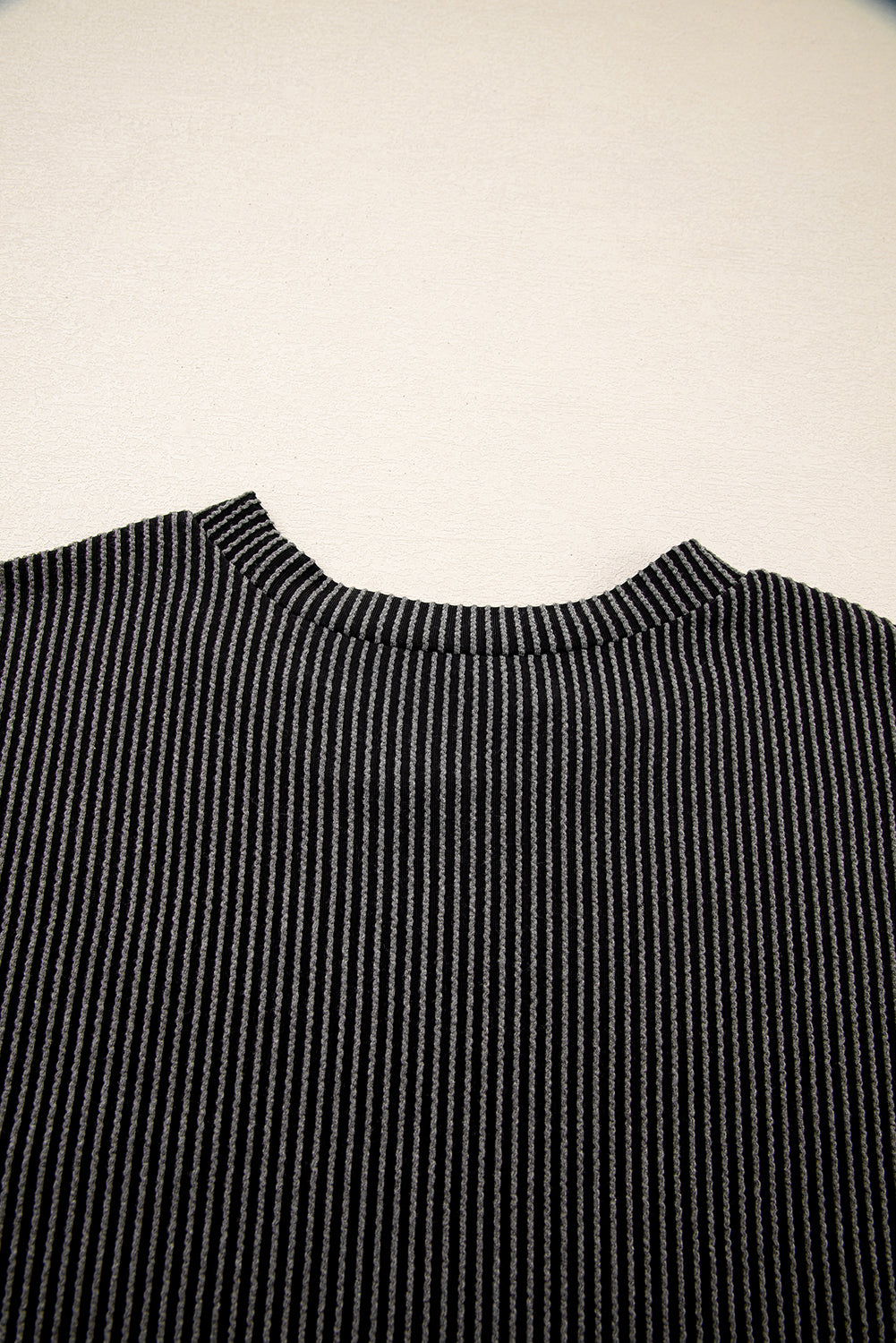 Dark Blue Corded Knit Color Block Pocketed Crew Neck T Shirt