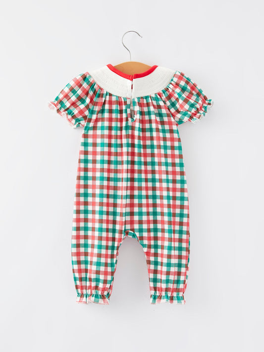 Christmas Plaid Smocking Embroidered Girls Romper