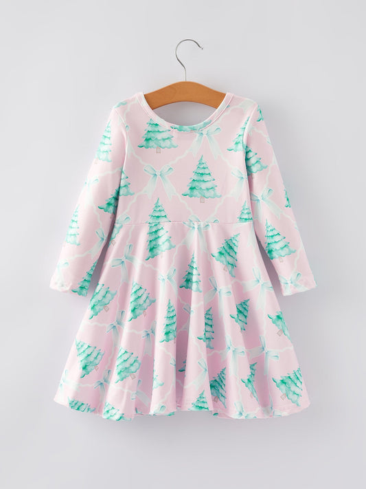 PREORDER Christmas Tree Bow Print Girls Dress