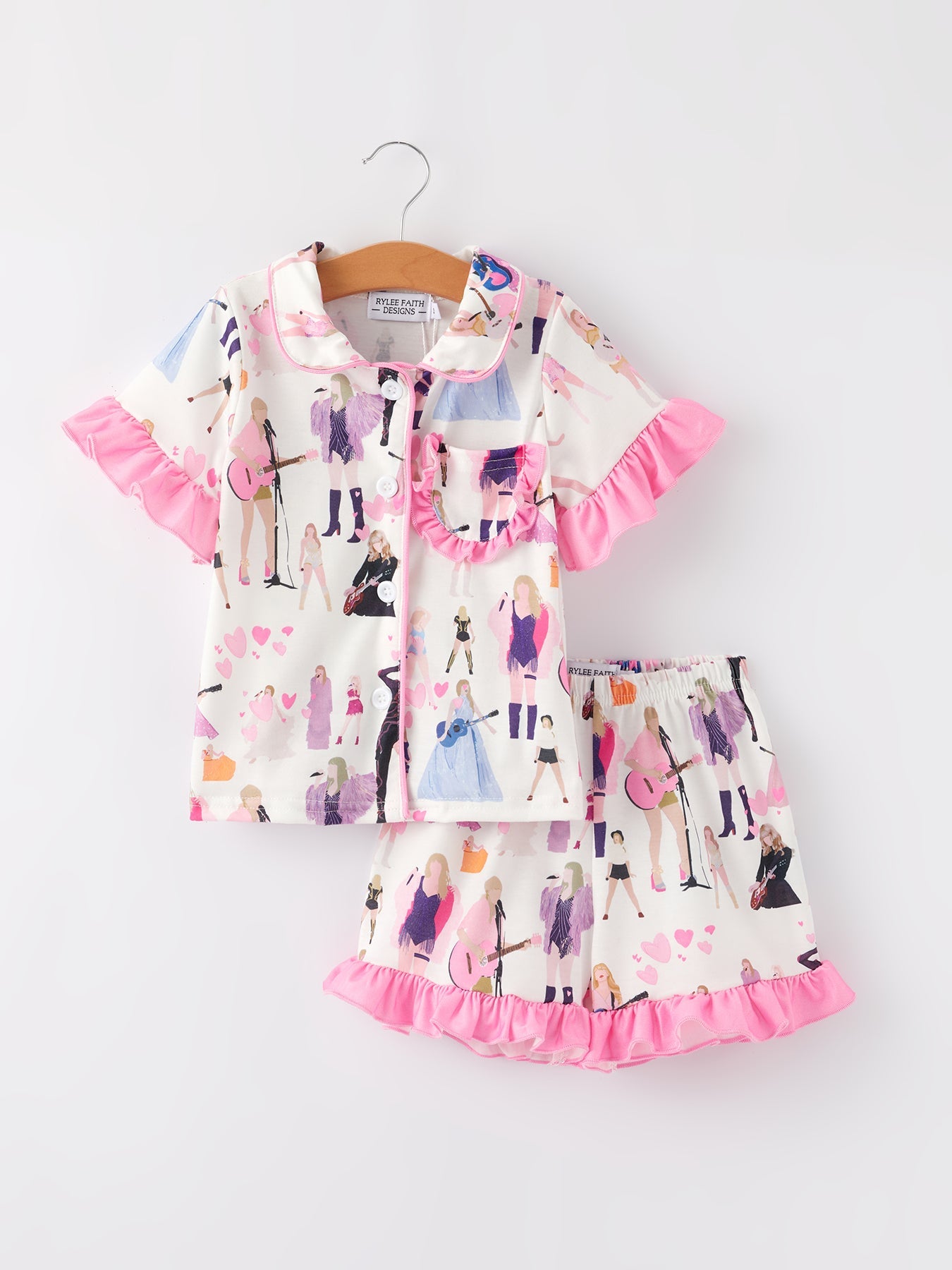 Mommy Me Girls TS Lapel Button Short Sleeve Shorts Ruffle Pajama Set
