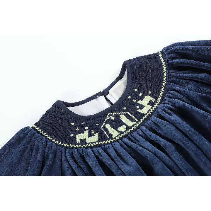 Navy Blue Velvet Gold Nativity Smocked Bishop Dress