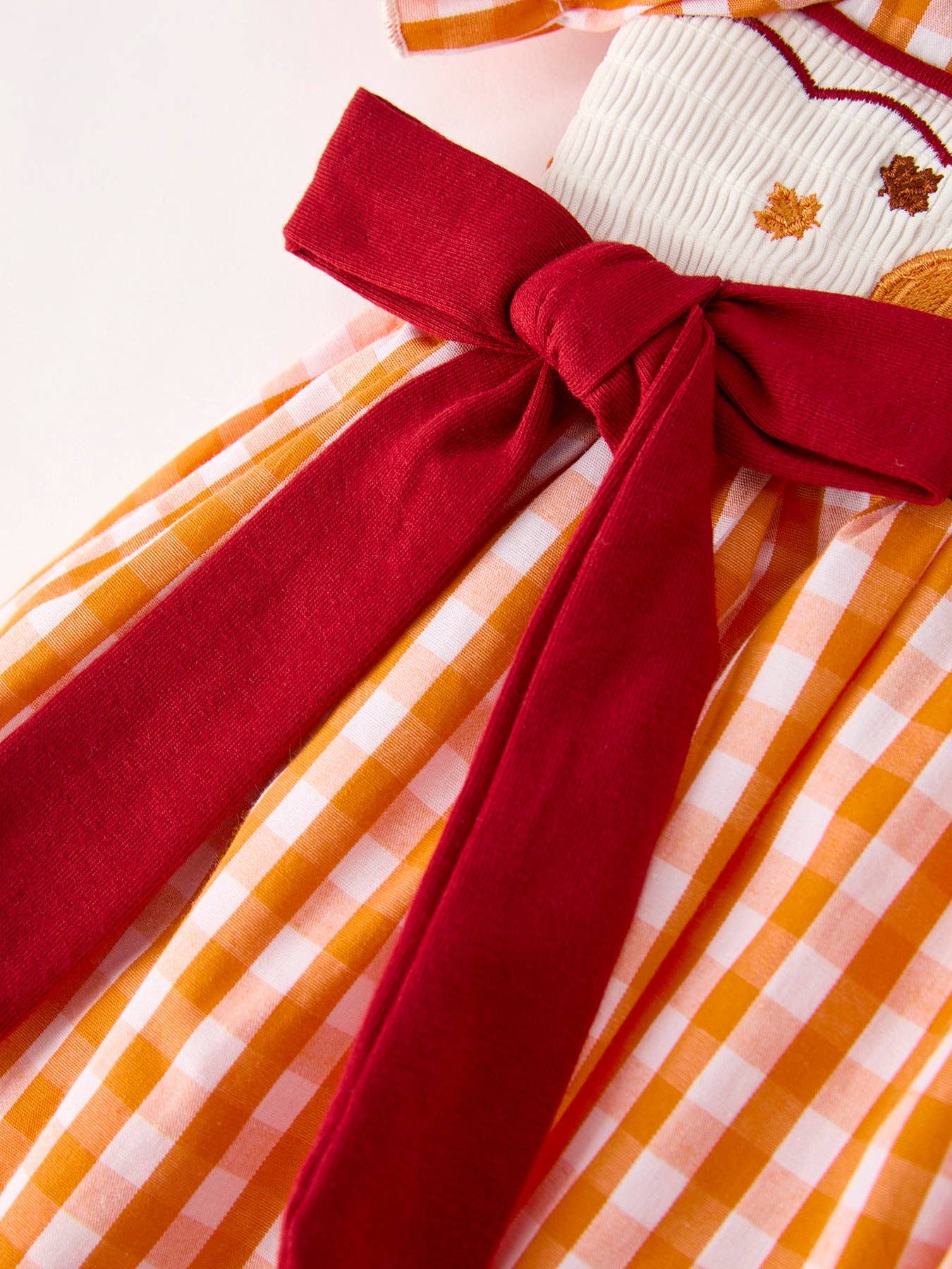 Fall Embroidered Dress for Girls – Orange Checkered with Halloween Details