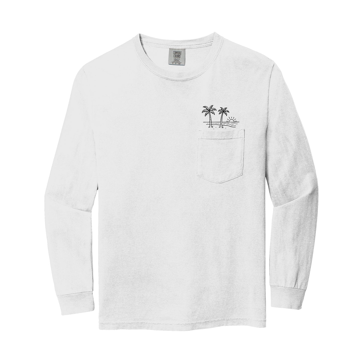 Comfort Colors Palm Tree Sun Wave Lake Beach Vacation Pocket Long Sleeve Shirt