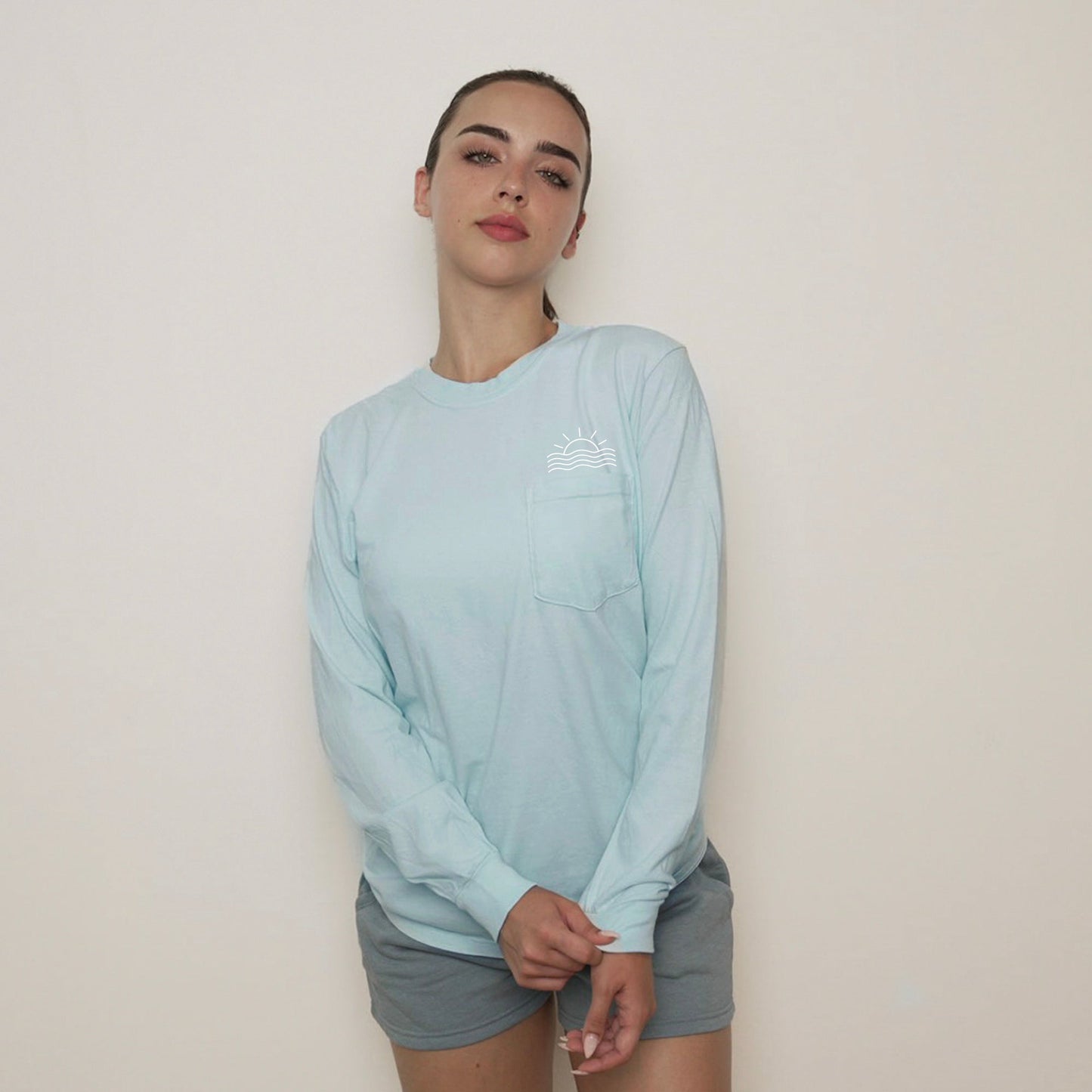 Comfort Colors Sun and Wave Lake Beach Vacation Pocket Long Sleeve Shirt