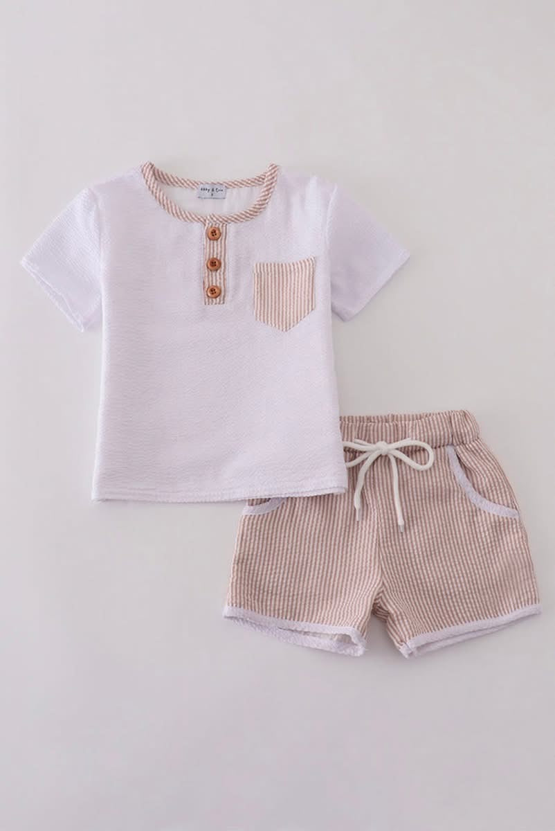 Seersucker White and Tan Boy Short Set