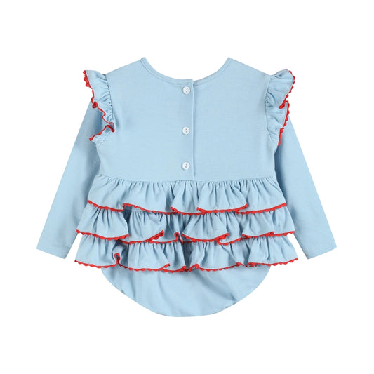 Light Blue Christmas Tree Smocked Knit Ruffle Romper