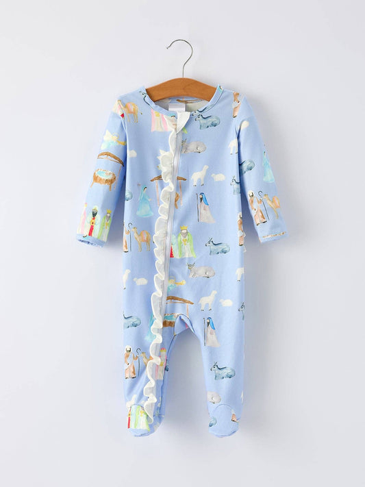 Blue Christmas Nativity Pattern Baby Girls Romper with Ruffles