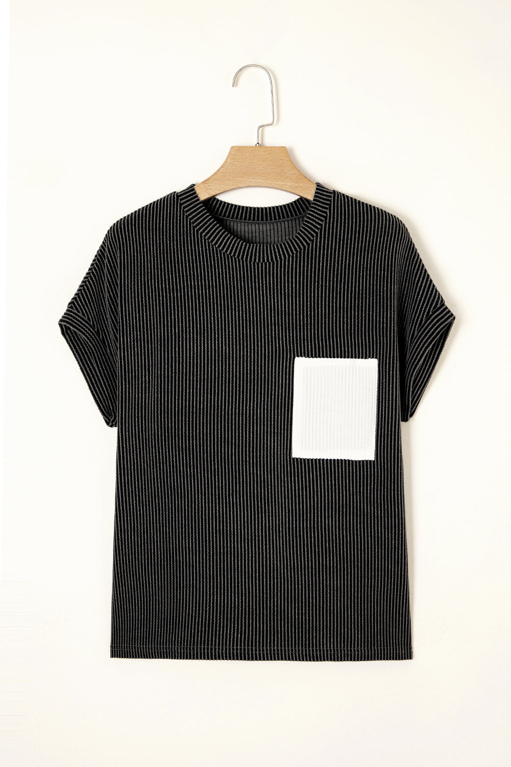 Dark Blue Corded Knit Color Block Pocketed Crew Neck T Shirt