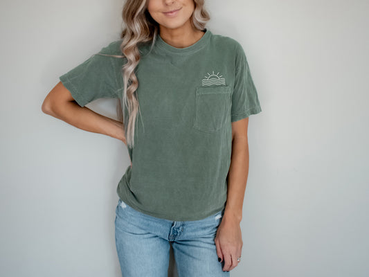 Sun and Wave Lake Beach Comfort Colors Pocket T Shirt | Nature, Camping, Plant