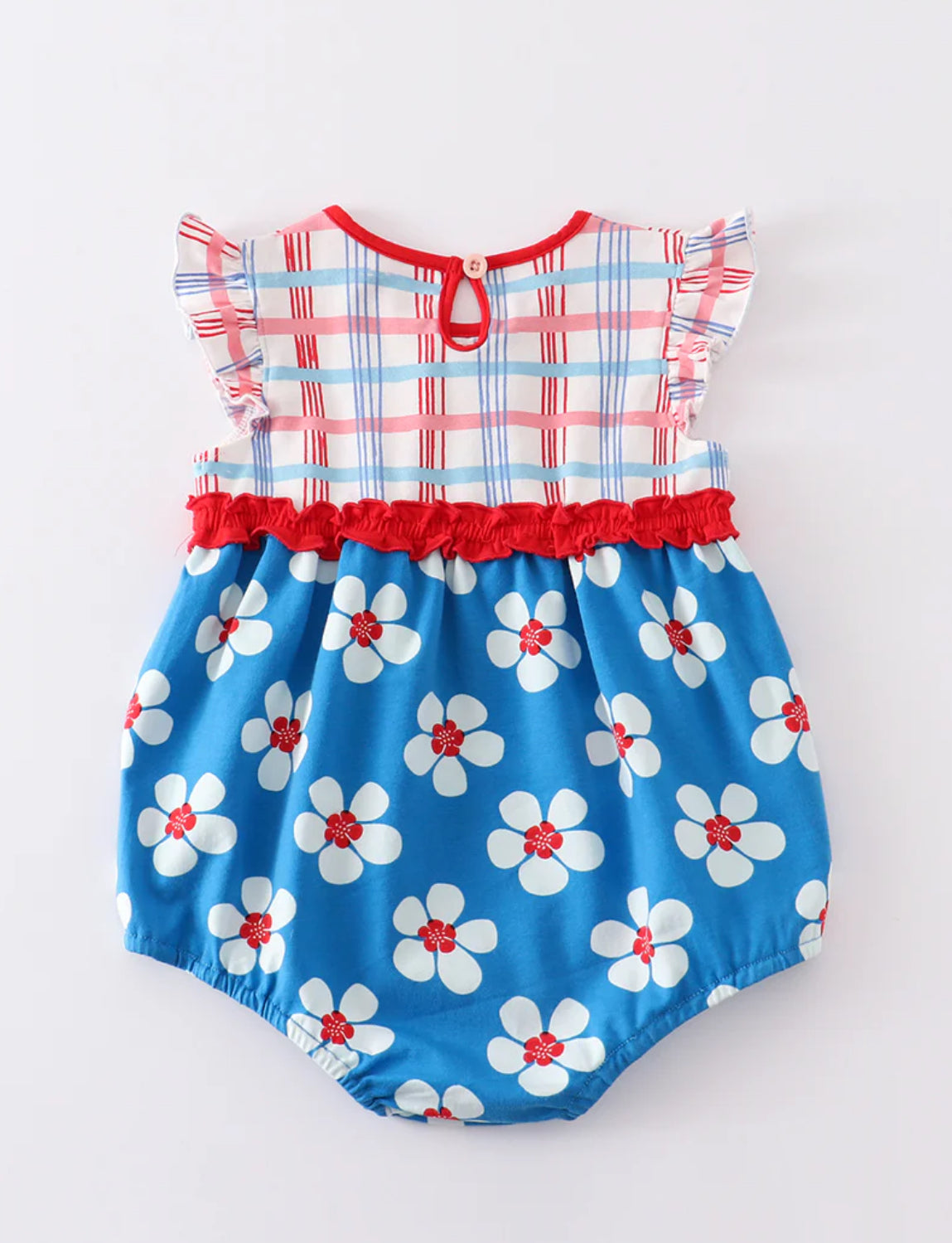 Platinum Blue & White Floral Print Ruffle Girl Romper