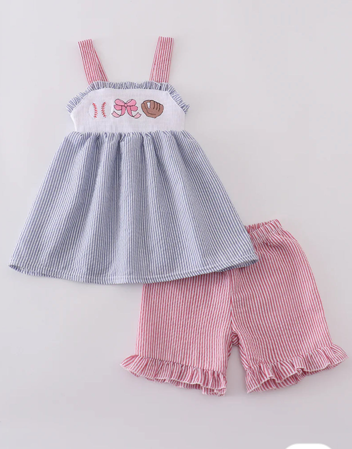 Pink Baseball Print Embroidery Smocked Set