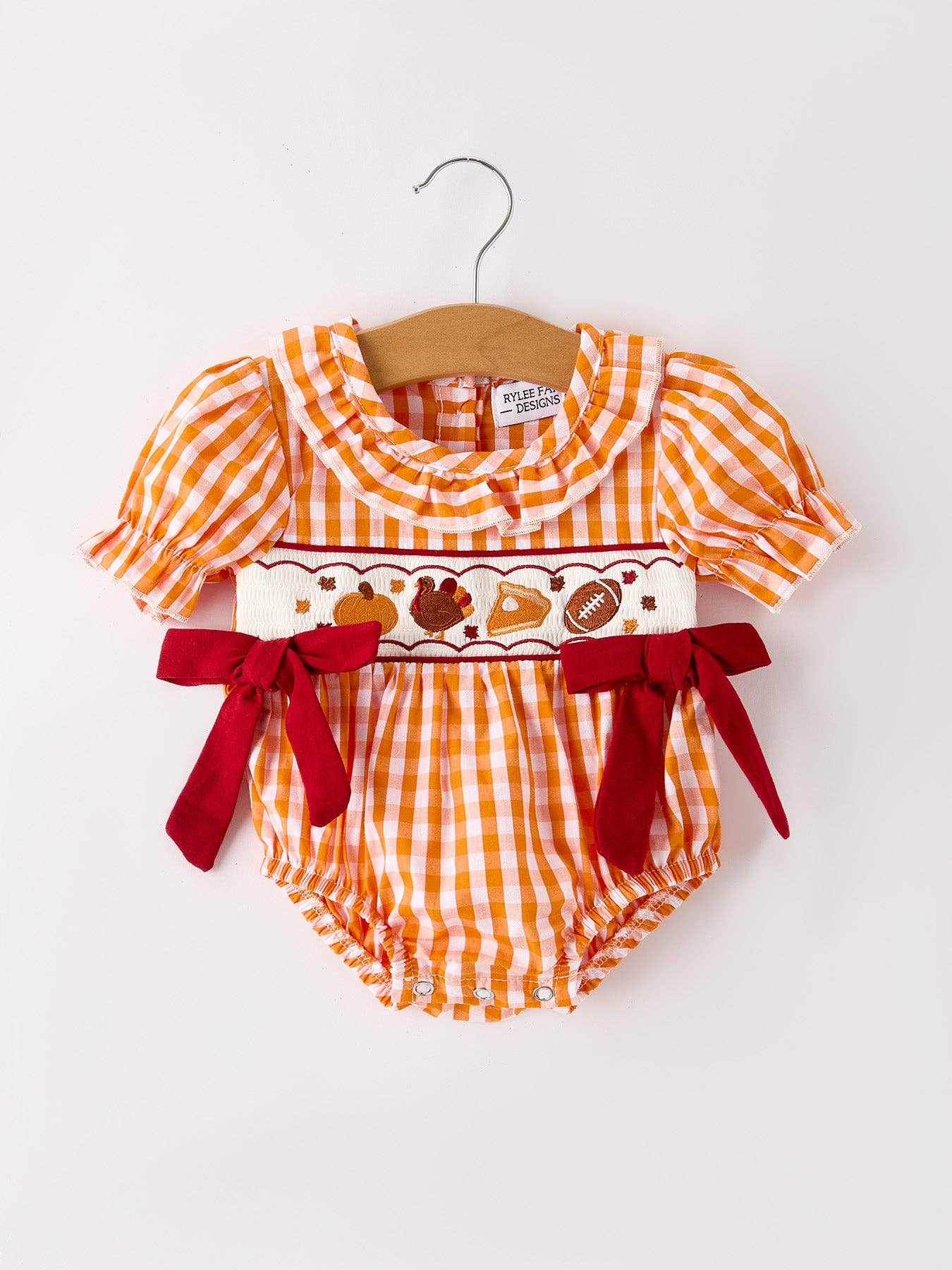 Fall Embroidered Romper for Baby Girls – Orange Checkered with Halloween Details