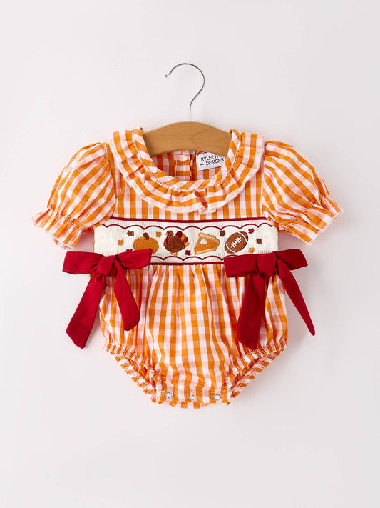 Fall Embroidered Romper for Baby Girls – Orange Checkered with Halloween Details