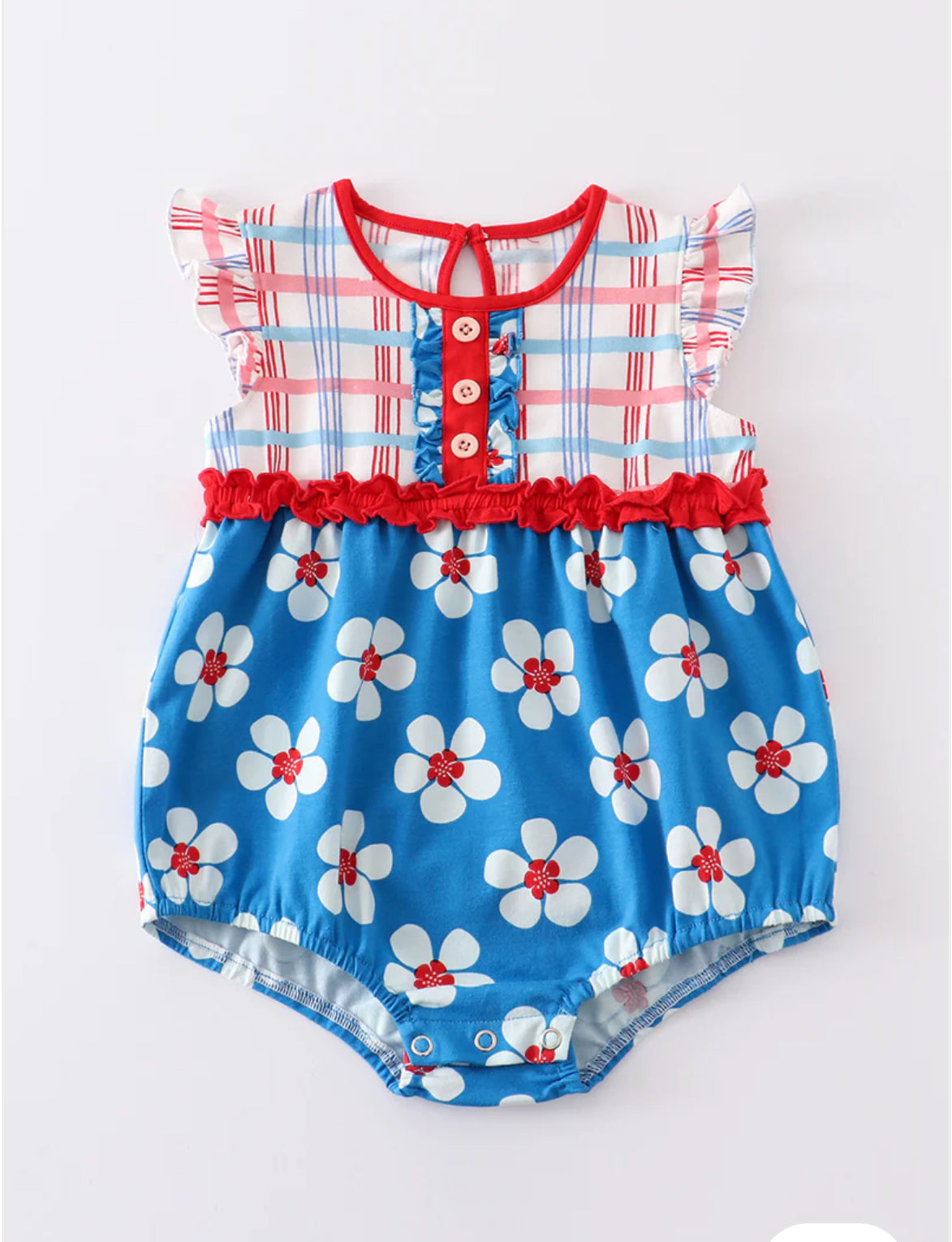 Platinum Blue & White Floral Print Ruffle Girl Romper
