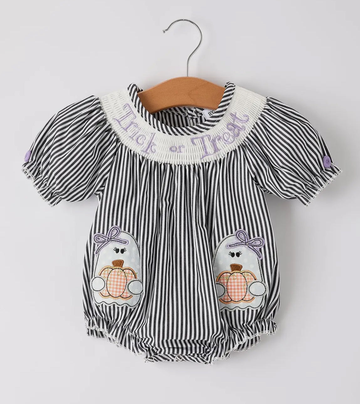 Halloween Striped "Trick or Treat" Smock Embroidered Baby Girl Romper