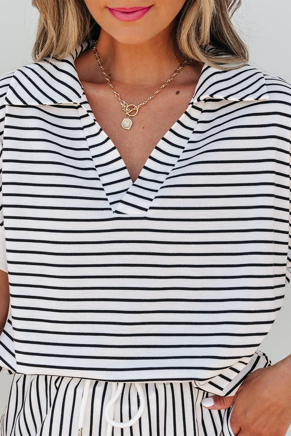 Sky Blue Stripe V Neck Tee and Casual Short Set