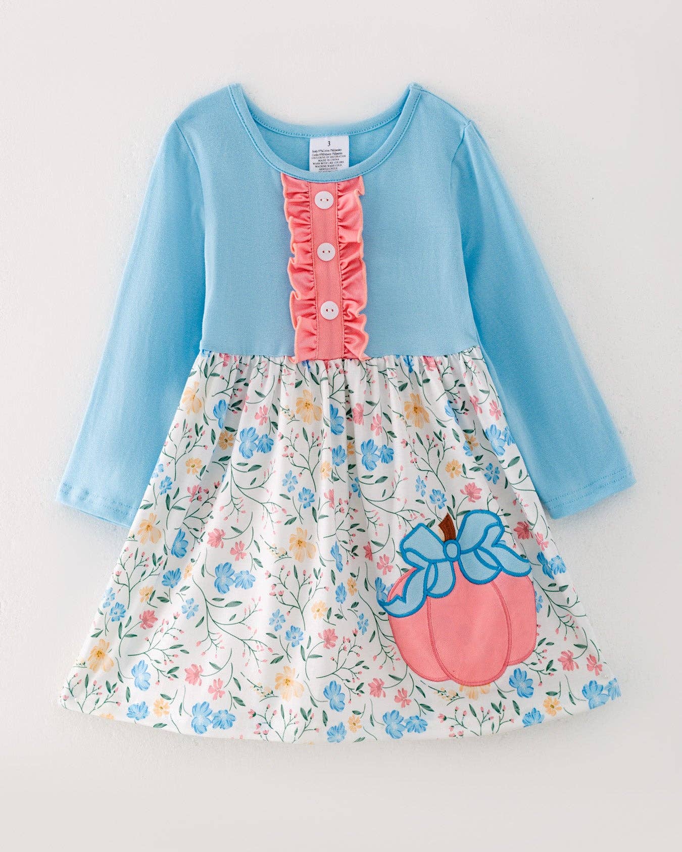 Halloween Bule Girls Pumpkin Applique Floral Print Long Sleeve Dress