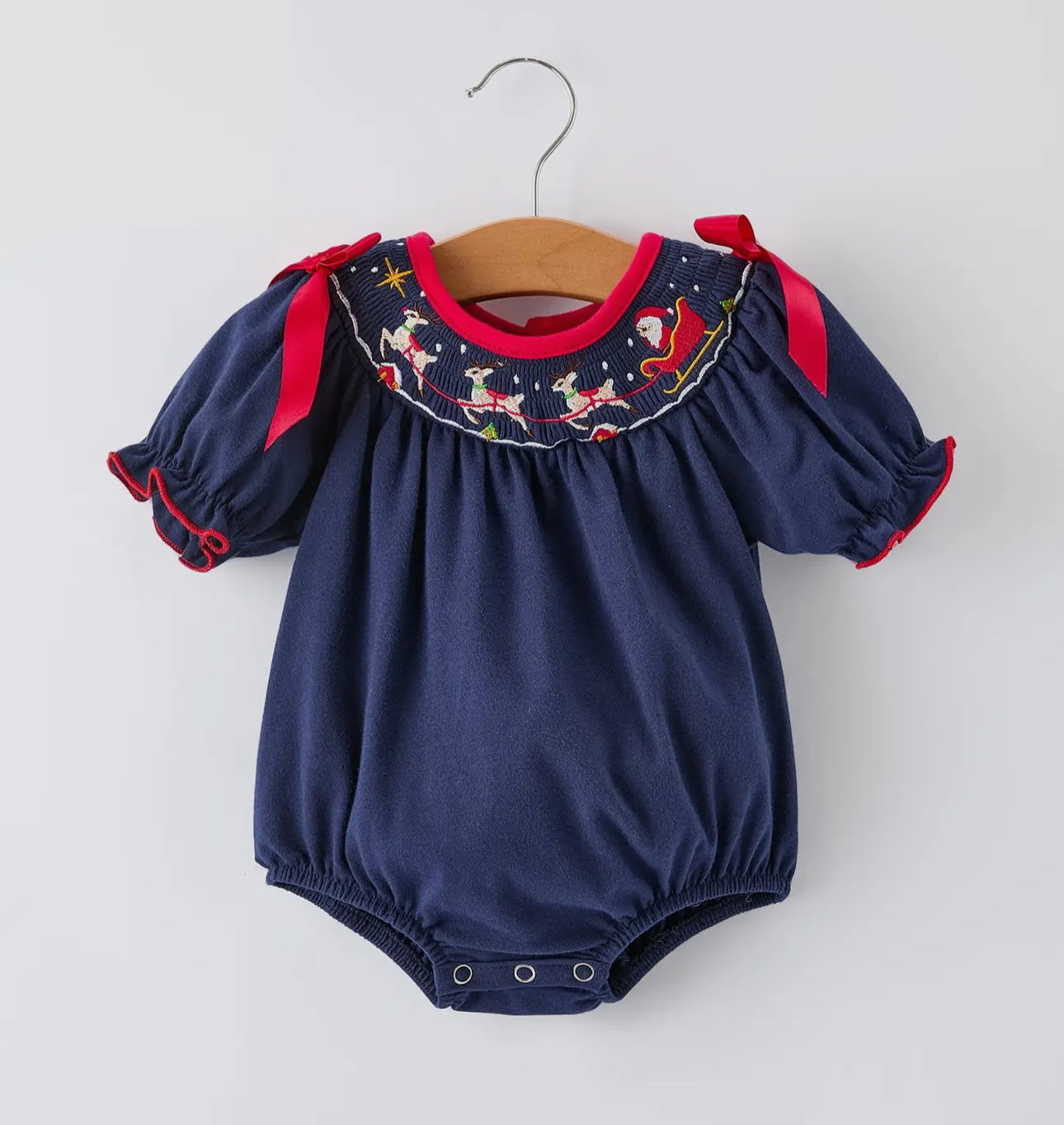 Christmas Holiday Celebration Baby Girls Romper: Navy with Santa Sleigh