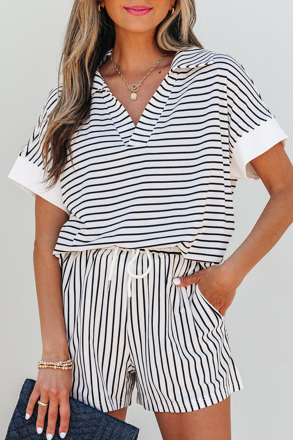 Sky Blue Stripe V Neck Tee and Casual Short Set