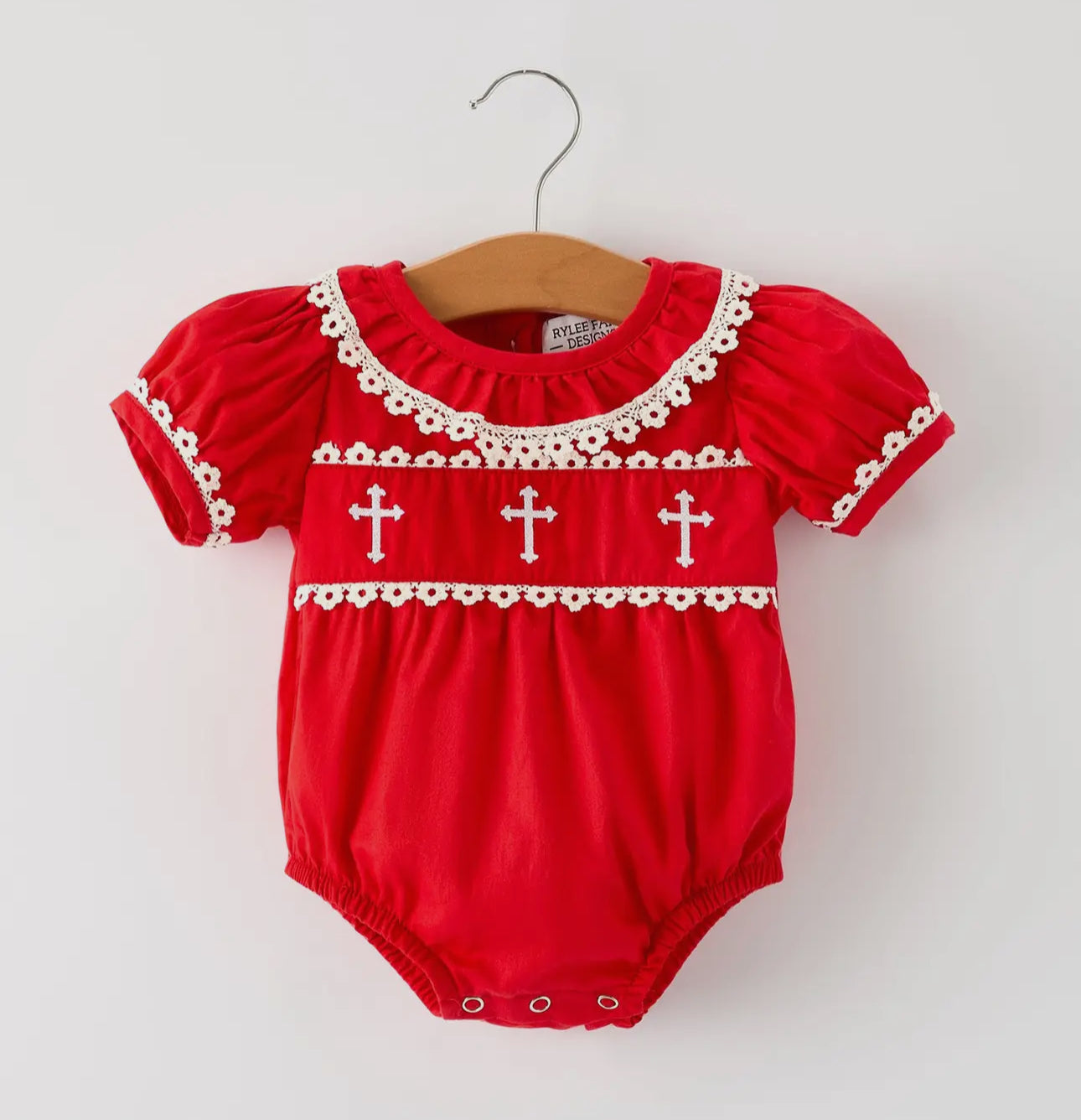 Red Christmas Baby Girls Romper: Cross Embroidery with Lace Trim
