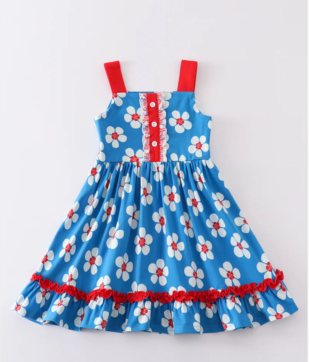 Platinum Blue & White Floral Print Ruffle Strap Dress