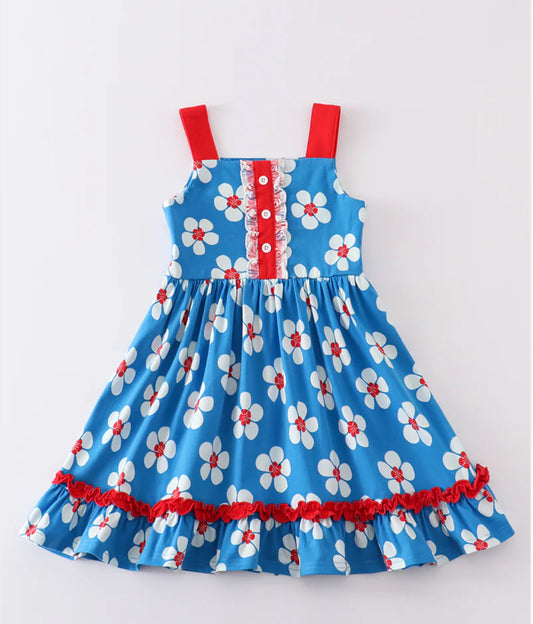 Platinum Blue & White Floral Print Ruffle Strap Dress
