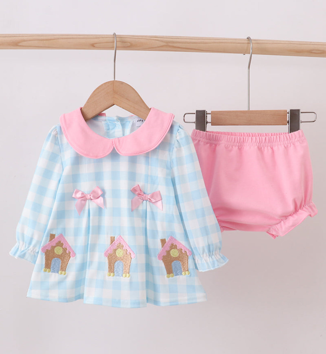 Blue gingerbread house embroidery ruffle gingham bloomer set