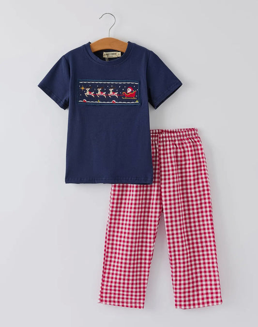 Christmas Holiday Celebration Boys Set: Navy with Santa Sleigh