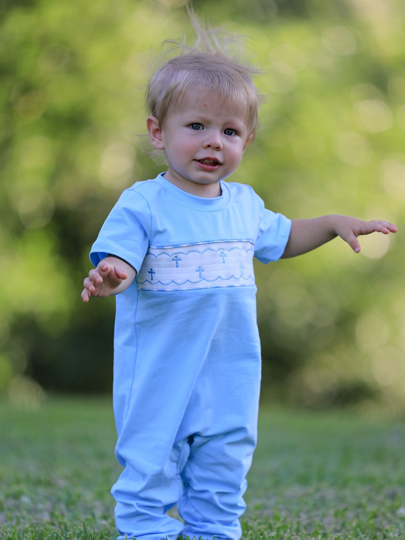 Blue Smocked Church Christ Bishop Christening Baby Boys' Romper